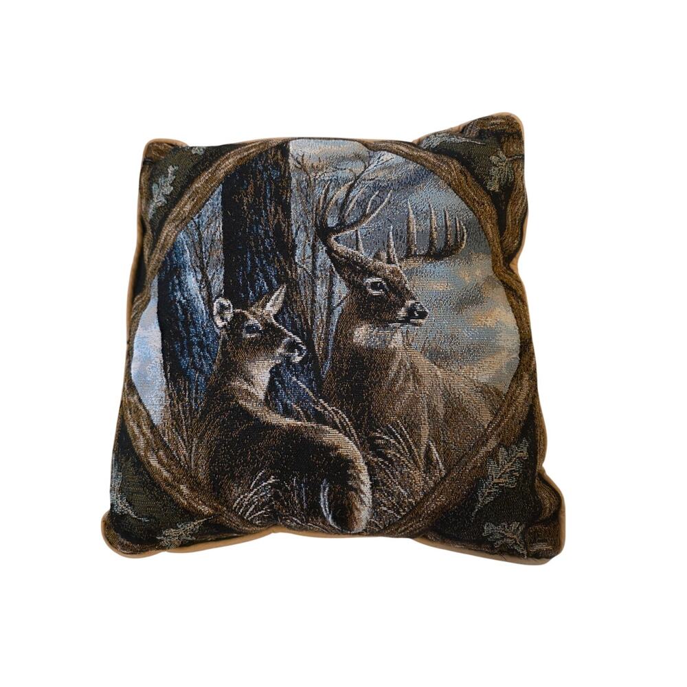 VTG Manual Woodworkers Weavers Deer Tapestry Throw Pillow Cabin Lodge Buck Doe